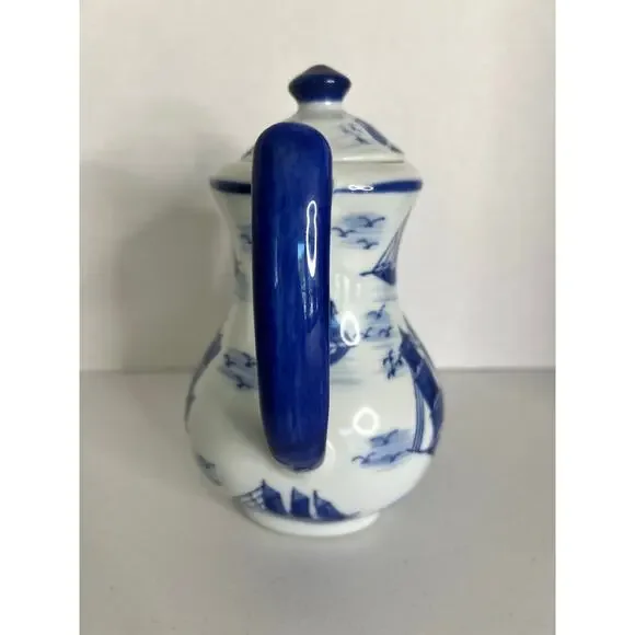 Vintage China Blue Teapot Mann Japan Nautical Ship Blue White Porcelain